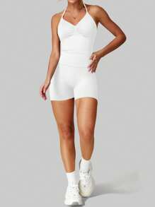 Aaseow 女士瑜伽上衣，健身瑜伽衫，运动服，露背褶皱内置胸罩罩杯上衣 - 白色 - 查看 4