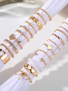 21 pièces/set Bague réglable multi-articulation avec pendentif Papillon et Cœur en fausses perles