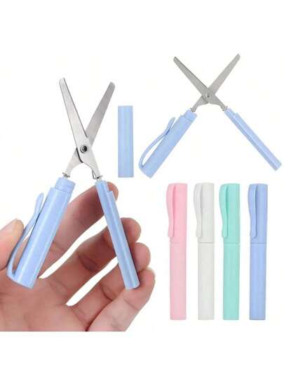 2 in 1 접이식 가위 창의적인 문구 미니 접이식 학생 예술 가위 휴대용 가위 블레이드 다기능 문구 사무실 학교, 컴팩트 접이식 가위 - 휴대용 펜 스타일 디자인, 학생 및 공예에 적합, 오렌지, 라이트 그린, 화이트, 핑크, 블루 제공