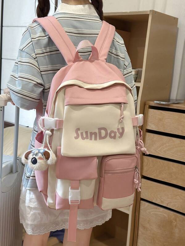 Casual Letter Decor Flap Backpack, Unisex Versatile Travel Daypack With Multiple Pockets, Large Capacity, Functional School Bag, Ideal For Holiday, Gift, Back To School, University, Peach Tree Design