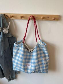 新款优雅刺绣花环蝴蝶结字母大容量托特包，女士时尚百搭单肩手提包，适合夏季户外旅行沙滩，格纹休闲单肩托特包，旅行包 - 淺藍色 - 查看 5