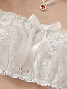Women's Sweet And Seductive  Bra Set- Sheer White Floral Lace Bra With Bow Detail, Breathable & Comfortable - trắng - Xem 4