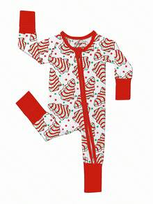 Baby Bamboo Fiber Zip-Up, Christmas Tree Cake Print Romper, All-Season Knit Fabric Skinny Fit With Zipper Detail, Boy Baby Girl Clothes, Perfect For Outdoor