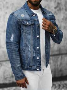 Men Distressed Denim Jacket, Korean Fashion Stylish Lapel Vintage Washed Denim Jacket, For Fall