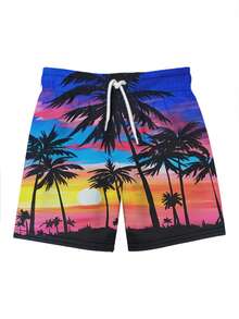 Men's 3D Summer Colorful Sunset Coconut Tree Printed Beach Shorts Vacation,Hawaiian - Multicolor - View 3