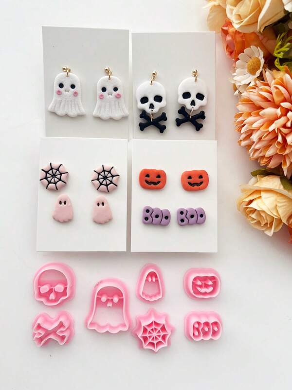 Cortadores de joyería con diseño de calabaza y calavera gótica, molde de arcilla blanda para hacer joyas de Halloween 2025 - Herramienta de corte de arcilla para hacer pendientes, collares y joyas hechas a mano - Adecuado para principiantes y artistas de joyería - Kit de fabricación de pendientes de arcilla polimérica, moldes para pendientes de arcilla, hecho por PLA