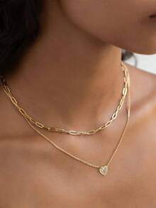 2 件套心形吊坠和回形针装饰双层女士项链（链条、扣环和珠子数量随机）