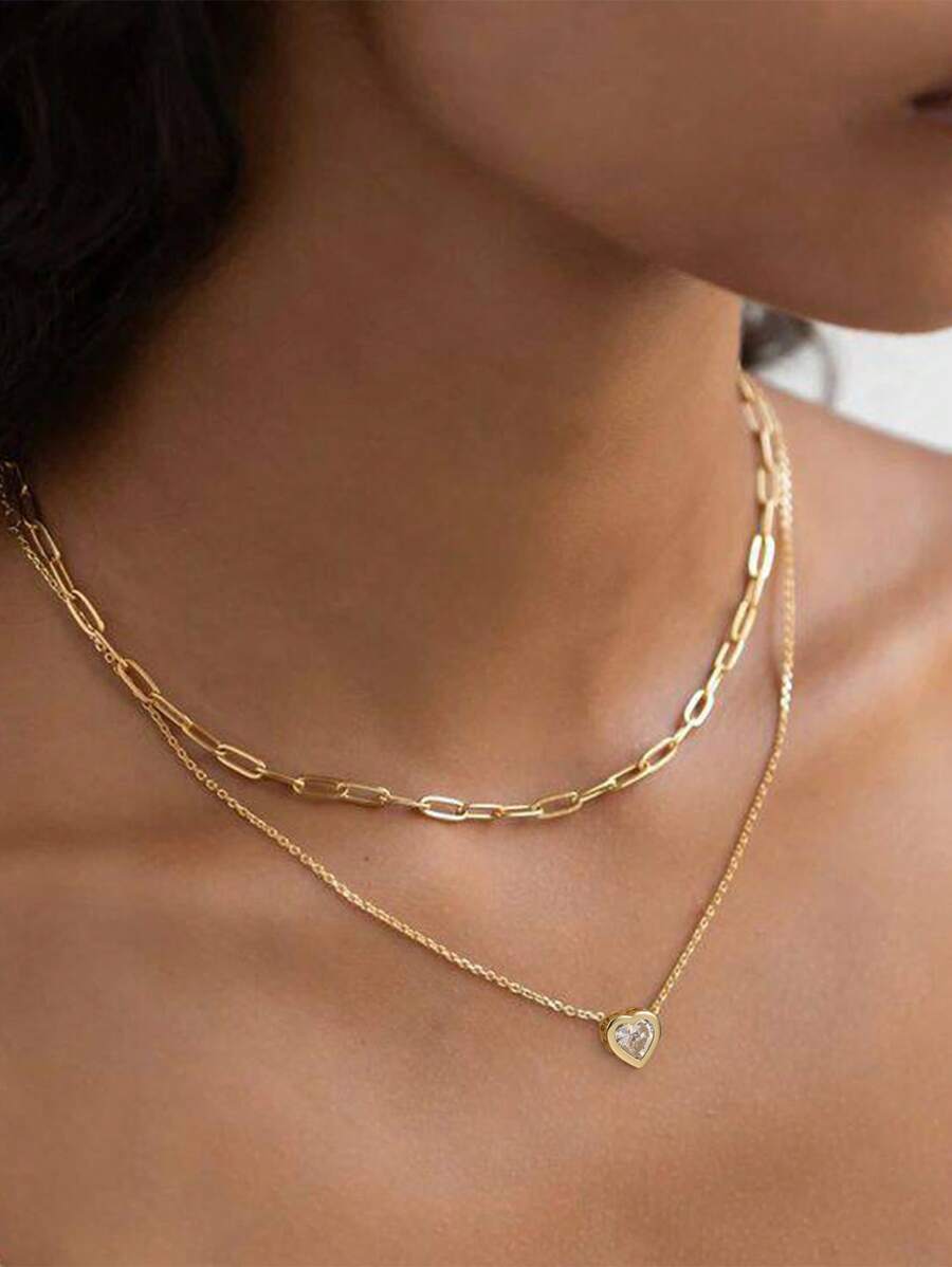 2 件套心形吊坠和回形针装饰双层女士项链（链条、扣环和珠子数量随机）