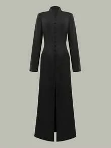 女士V领长袖及踝连衣裙，优雅经典开衩设计，纯色梭织面料，休闲舒适黑色春季款 - 黑色 - 查看 9