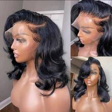250% Density 13x4 Funmi Curly Lace Front Wigs Human Hair 250% Density Loose Body Wave Human Hair Pre Plucked With Baby Hair Curly Short Wigs For Women  HD Lace Wig Loose Wavy 14 Inch - Natural Black - 查看 7