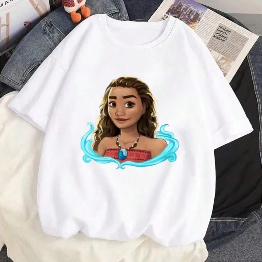 Refreshing Summer Moanas Ocean Romance Princess Printed T-Shirt Disneyss Cartoon Tshirt Summer Women Casual Short SleevesT Shirt Harajuku Tees Tops - 白色 - 查看 1