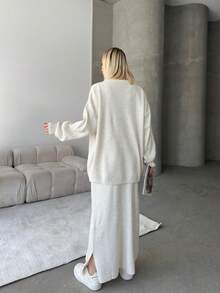 Button Detailed Skirt Set, Solid Color Casual Split Ribbed Button Co-Ord Set For Home Wear - White - View 7