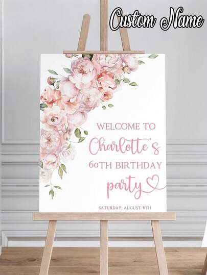 1pc Customized Pink Floral Birthday Poster, Editable Surprise Birthday Welcome Sign Template, Floral Birthday Party Banner, Ladies Birthday Sign, Pale Rose Welcome Poster, Customized Frameless Canvas Birthday Poster, Party Welcome Poster, Customized Birthday Party Poster - Personalized Wall Art, Memorial Wall Decor Poster
