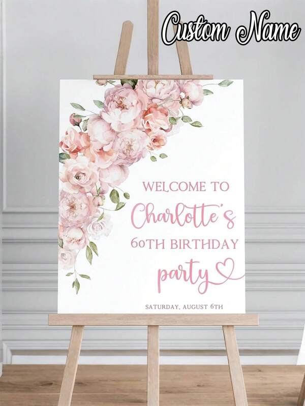 1pc- Custom Pink Flower Birthday Poster, Editable Surprise Birthday Welcome Sign Template, Floral Birthday Party Sign, Birthday Sign For Women, Dusty Rose Welcome Poster For Her, Custom Frameless Canvas Birthday Poster, Party Welcome Poster, Custom Birthday Party Poster - Personalized Wall Art, Memorial Wall Decoration Poster