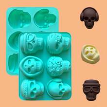 1pc Skull-Shaped Ice Cube Tray, 6 Cavity 3D Silicone Mold For Whiskey, Cocktail, Halloween Baking, Chocolate, Candy, Pudding, Reusable - Green - View 6