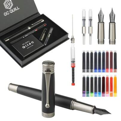 1 套商务风格钢笔 - 包括 2 种不同笔尖尺寸和 18 个墨盒、1 个墨水转换器，适合初学者练习书法、书写、写信、签名 - 完整易学套装