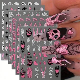 6pcs Unleash The Spooky Chic Charm Of Halloween With These Glittery Nail Decals! Featuring An Array Of Iconic Halloween Elements Like Ghosts, Spiders, And Flames, Each Decal Is Adorned With Eye Catching Glitter. Transform Your Nails Into A Mini Halloween Masterpiece In Minutes.