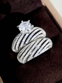 2pcs Luxury & Elegant Women's Sparkly Ring Set - Geometric Wedding Engagement Party Jewelry Accessory - Size 6-11