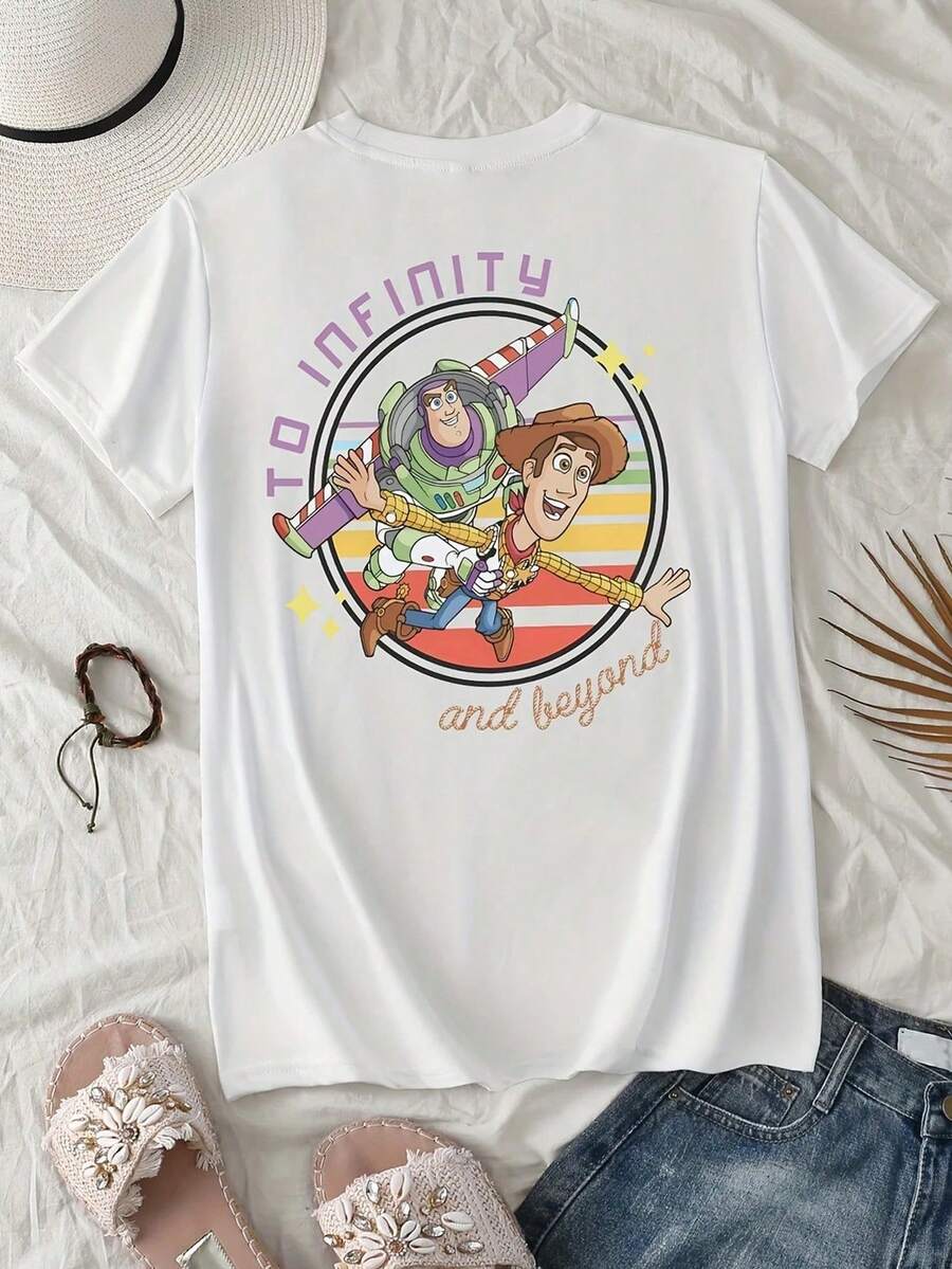 Fashionable Ladies, Cartoon Pattern Printed Short Sleeve Round Neck T-Shirt, Fashionable Short Sleeve T-Shirt, Casual Summer Daily Wear, White Tops, Casual Shirts, Suitable For Spring, Summer And Autumn, Ladies T-Shirt, Fashionable And Cute T-Shirt, - 白色 - 查看 1