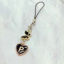 1pc Metallic Heart & Alphabet Letter A-Z Charm Phone Pendant - Black - View 25