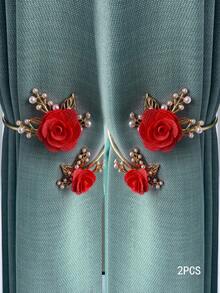1pc Flower & Faux Pearl Decor Curtain Holdback - Red - View 5