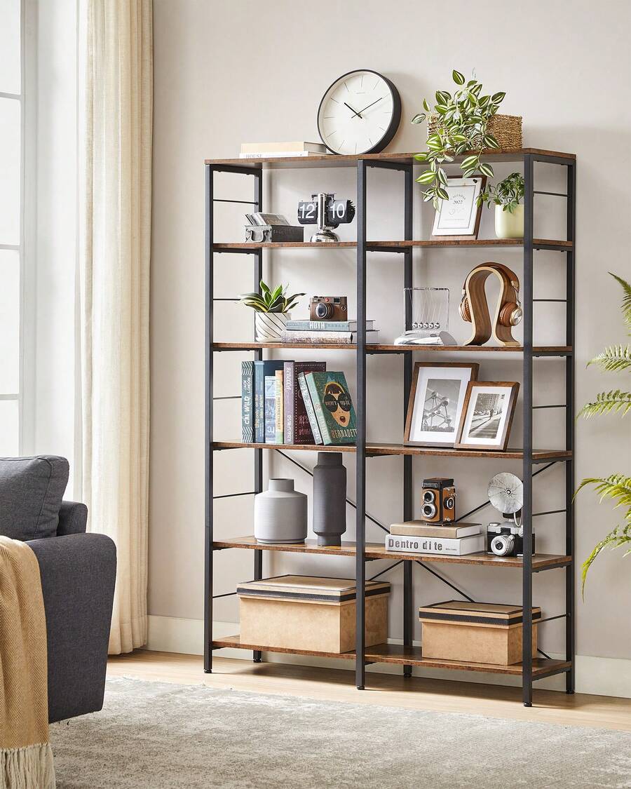 Libreria a 6 livelli, Scaffale Portaoggetti, 30 x 120 x 172,5 cm, Stile Industriale, per Soggiorno, Studio, Balcone, Cucina, Marrone Vintage e Nero - colore granata - Visualizzare 1