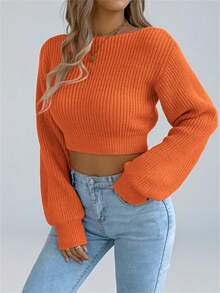 Y2K Backless Bow Tie Sweater Women Cold Shoulder Puff Sleeve Pullover Knot Front Solid Fall Winter Halloween - Orange - View 2