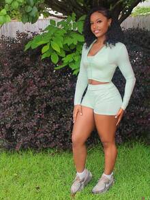 Steph T Women Summer 3 Pieces Set: Casual Elastic Mock Neck Zip-Up Long Sleeve T-Shirt Jacket, Sleeveless Cropped Tank Top And Athletic Shorts Island Vacation Outfits - Green - View 3