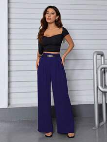 A&DD MODA, REF: 3264 Women's Casual Pants High Waist Straight Wide With Belt Side Pockets Comfortable Elegant Social Versatile Style Everyday Flare Pantacourt Modern Tailoring Lightweight Fabric Perfect Fit Blogger Look Sophisticated Charming Practical For Work And Outing ✨ - 藏蓝色 - 查看 5