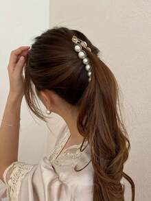 Faux Pearl And Fish Tail Banana Hair Clips, Oversized Hair Claw Hair Clips With Faux Pearls, For Ponytail Hairstyles, Hair Claws, Hair Slide, Hair Barrettes, School Stuff, Pearl Hair Accessories, Head Accessories - Multicolor - View 2