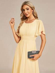 Women's Spring Elegant Ruffle Sleeve Floral Print Chiffon Yellow Bridesmaid Dress, Formal Wedding Guest Dress - Yellow - View 6
