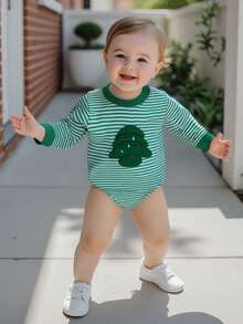 Mono de manga larga a rayas para bebé, con estampado de calabaza, fantasma, árbol y pavo, ropa de invierno y otoño para niños y niñas - Verde - Ver 4
