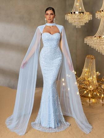 Faeriesty 引人注目的高领镂空露背晚礼服，搭配飘逸的欧根纱袖子和美人鱼轮廓——适合红毯活动、正式晚会、婚礼招待会、歌剧之夜和豪华慈善舞会的正式晚礼服