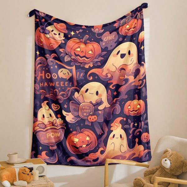 1 pièce Couverture fantôme et citrouille d'Halloween, super douce et confortable, style moderne, convient pour toutes les saisons, couverture décorative thème Halloween. Convient pour le bureau, la décoration de la maison, les voyages, le camping, cadeau commémoratif des fêtes