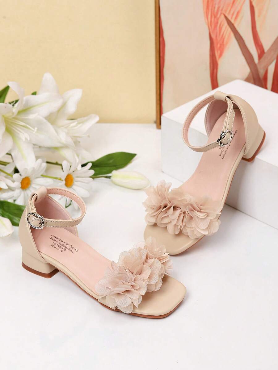 Summer Square Toe Square Heel Floral Decor Sandals Girls High Heel Dance Shoes Student Performance Daily Activity Sandals - Apricot - View 1