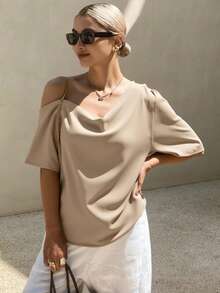Livesso 1 件女士纯色不对称领短款泡泡袖时尚优雅衬衫，短袖上衣夏季 - 咖啡棕 - 查看 1