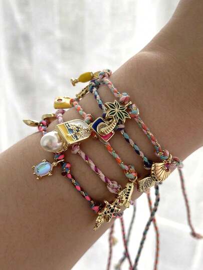 1pc Bohemian Ocean Style Elegant Luxury Copper Inlaid Synthetic Zirconia Airplane, Camera, Seashell, Starfish, Turtle Braided Bracelet For Women, Suitable For Valentine's Day, Daily Wear, Party, Holiday, Christmas, Adjustable Size