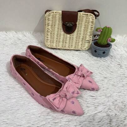 Sapatilha Feminina Bico Alongado Denim Gliter Rosa Luxo Confort Bico Fino Laço Confortável e Versátil