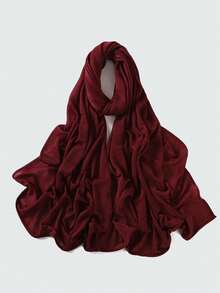 1条女士纯色褶皱休闲围巾，弹力透气针织小长围巾，可作头巾、披肩，保暖防晒，适合搭配连衣裙