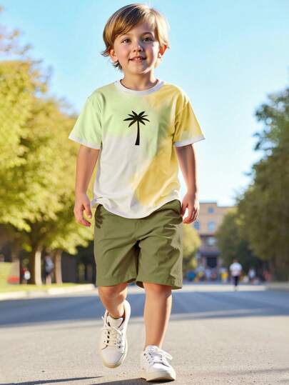 Set de 2 piezas para niños preadolescentes con camiseta de manga corta con estampado de árbol de coco efecto tie-dye y pantalones cortos casuales sólidos - conjunto deportivo de verano