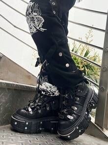 Fashion Women's Flat Platform Ankle Boots Black Round Toe High Heel Sneakers Thick Soft Sole Bottom Booties Lace-Up Metal Decor Halloween Y2K Style Sports Shoes - 黑色 - 查看 11