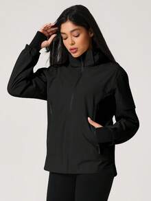 NcmRyu 1pc Women's Solid Color Hidden Pocket Windbreaker Long Sleeve Ski Jacket With Hood - Black - View 9
