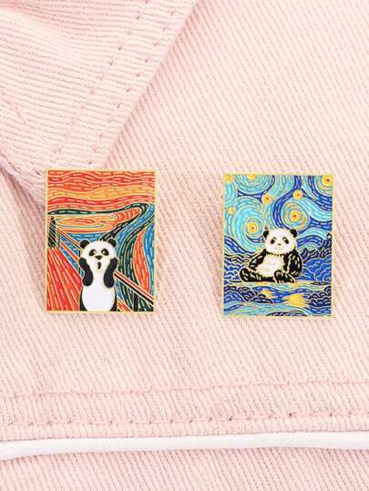 2 piezas Pines esmaltados con pintura al óleo del Cielo Estrellado de Van Gogh y El Grito de Edvard Munch, broche abstracto de panda. Regalos de joyería divertidos