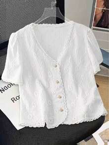 Plus Size Women Elegant White Simple Versatile Hollow Embroidery Puff Sleeve Blouse, Suitable For Daily, Date, Fashionable Commute, Work Uniform - White - View 1
