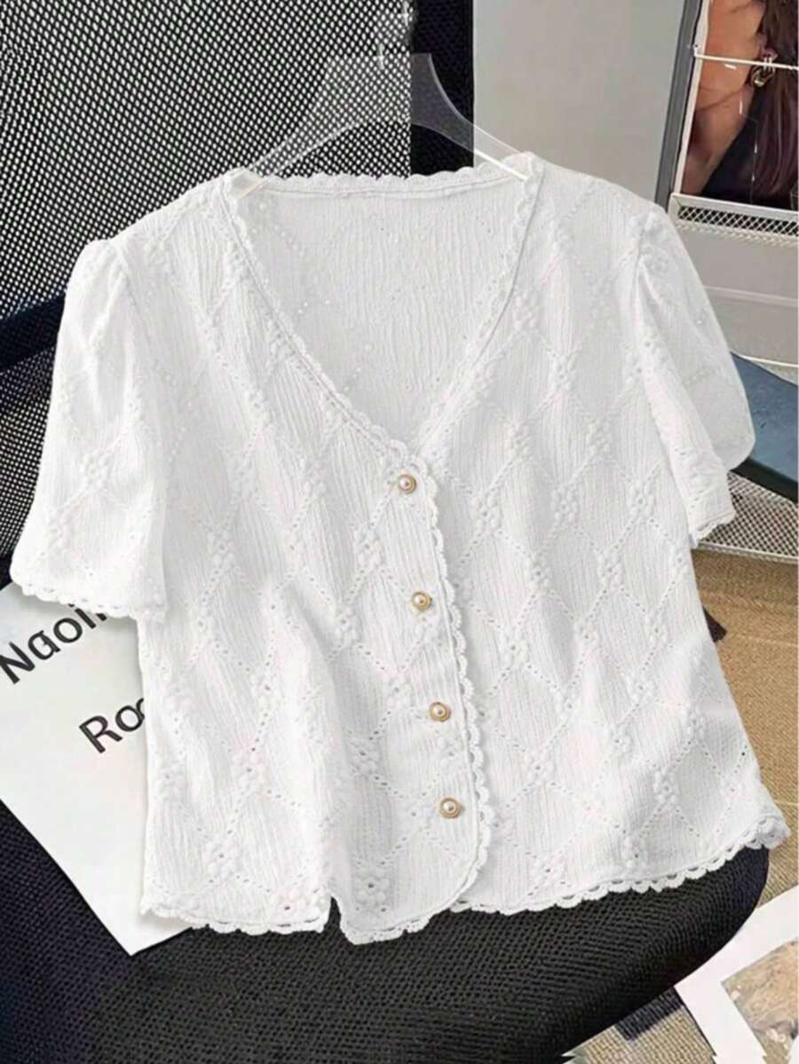Plus Size Women Elegant White Simple Versatile Hollow Embroidery Puff Sleeve Blouse, Suitable For Daily, Date, Fashionable Commute, Work Uniform - White - View 1