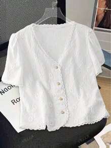 Plus Size Women Elegant White Simple Versatile Hollow Embroidery Puff Sleeve Blouse, Suitable For Daily, Date, Fashionable Commute, Work Uniform