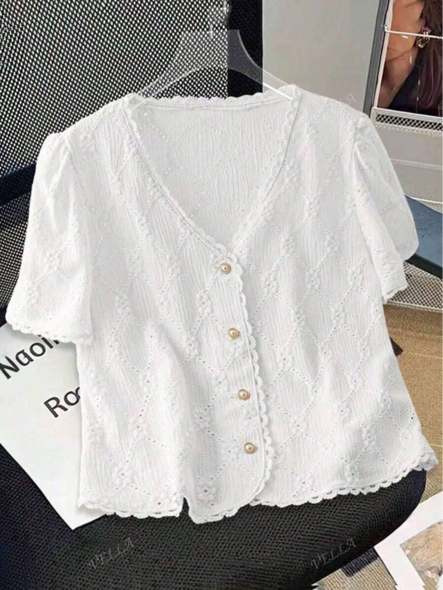 Plus Size Women Elegant White Simple Versatile Hollow Embroidery Puff Sleeve Blouse, Suitable For Daily, Date, Fashionable Commute, Work Uniform