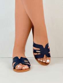 Beach Vacation Open Toe Soft Bottom Flat Sandals, Fashion Versatile Slippers Retro Beach Shoes - Blue - View 2