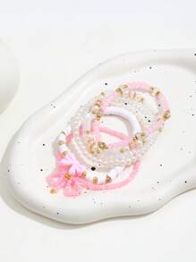 6pcs/Set Fashionable Heart & Bow Beaded Bracelet Set For Women