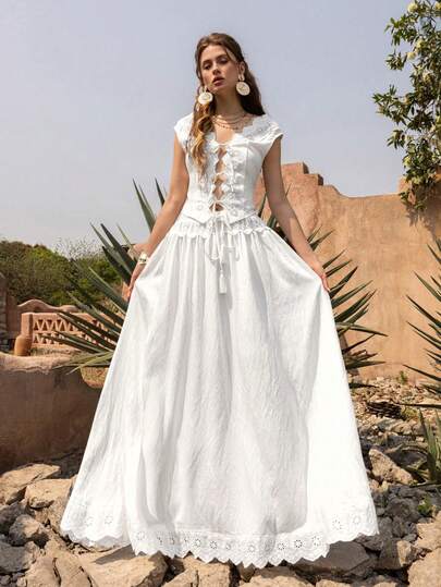 Faeriesty BohoBloom蕾丝边两件套：无袖开衫上衣和飘逸中长裙 - 必备度假装扮（海滩、花园派对、假日穿着）